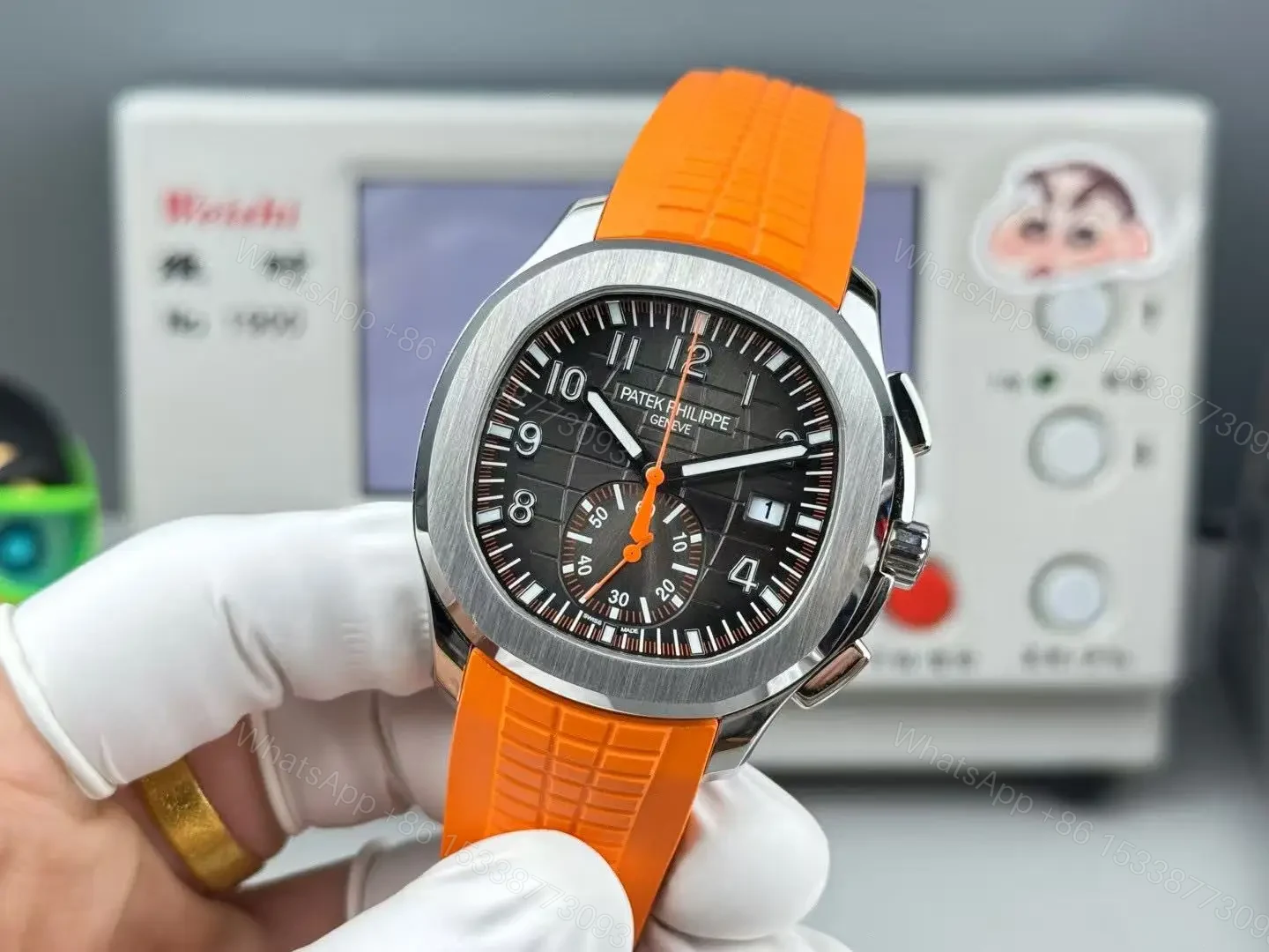 View 3 of Patek Philippe super clone Aquanaut Black Dial Orange Rubber Strap Premium 42MM PATEK-AQUA42-BLK-ORG