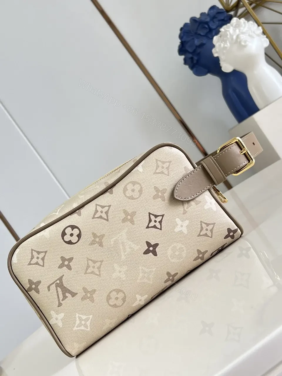 View 6 of Beige LV Monogram Cosmetic Pouch: Structured, Top Zipper
