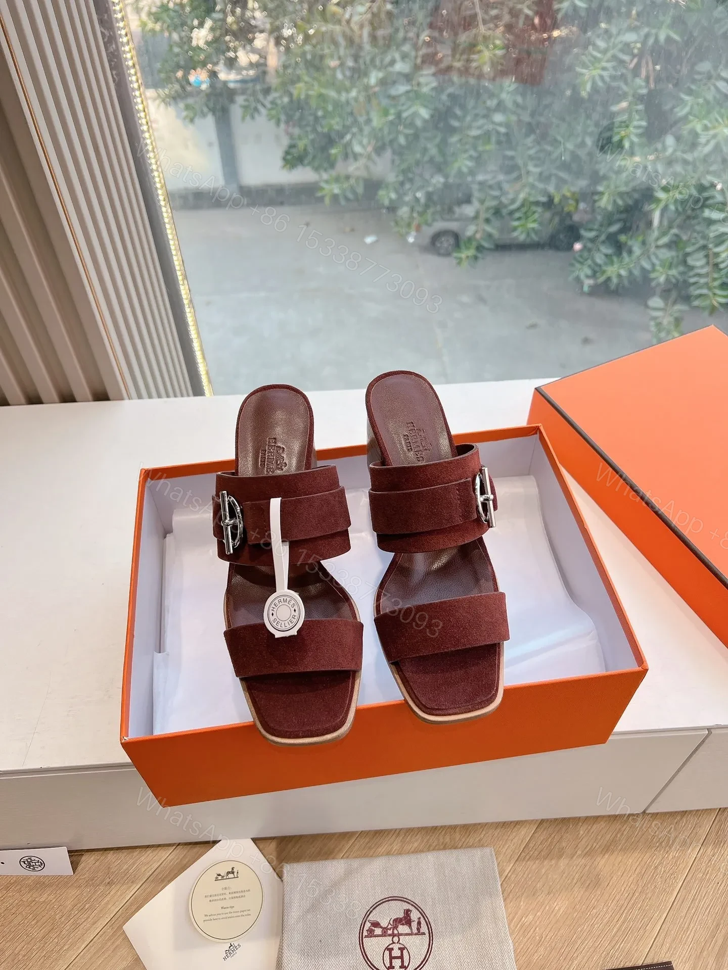 View 3 of Hermes Women Brown Suede Leather Mules