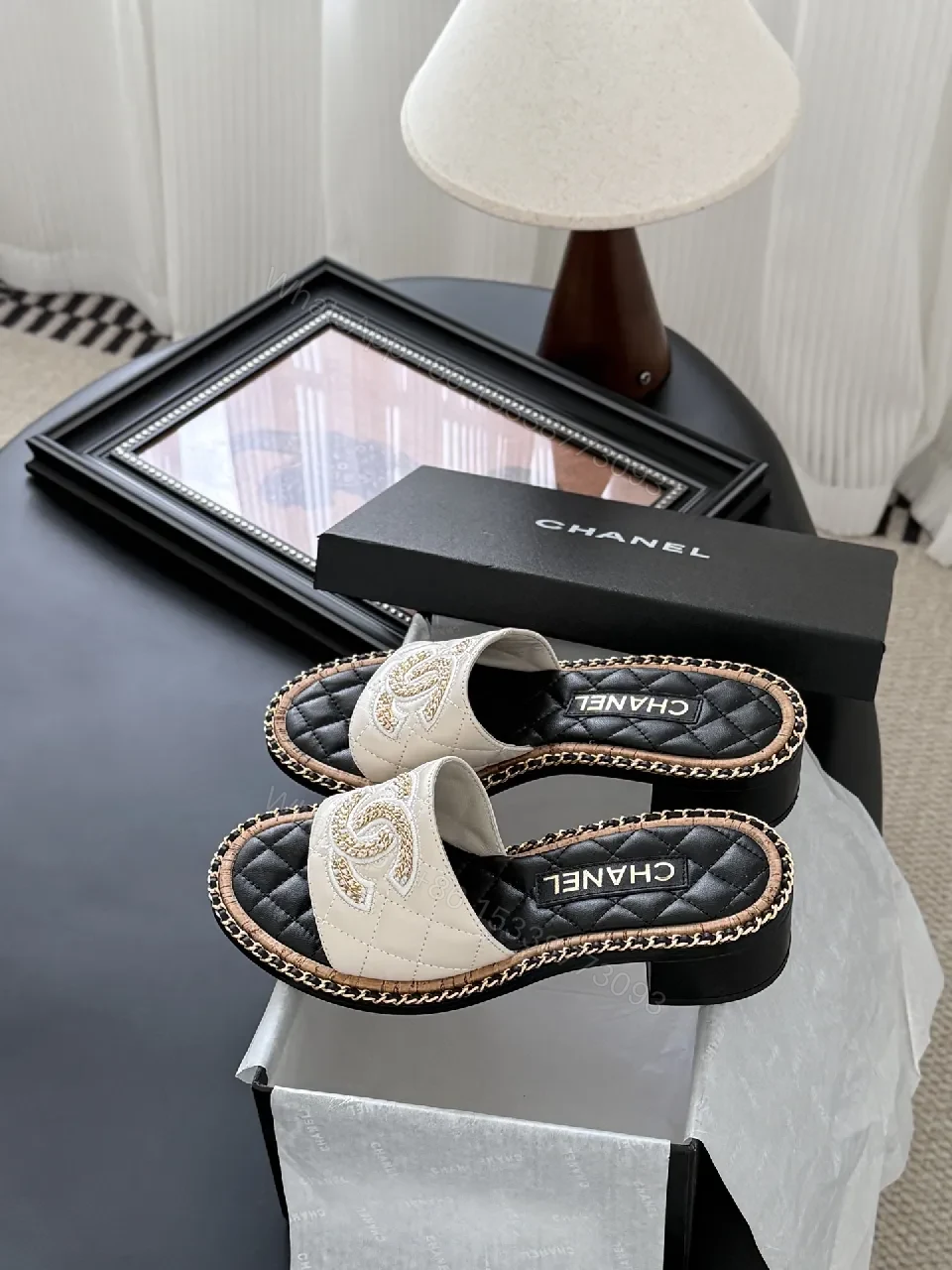 View 4 of Elegant Quilted Slide Sandals with Chain Trim