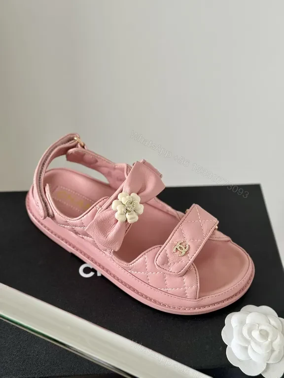 View 4 of Pink Leather Sandals â€“ Chanel-Inspired, Floral Accents, All-Day Comfort