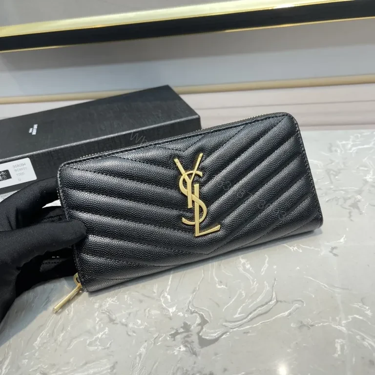 Quilted Black Calfskin Wallet with Gold YSL Logo — view 1