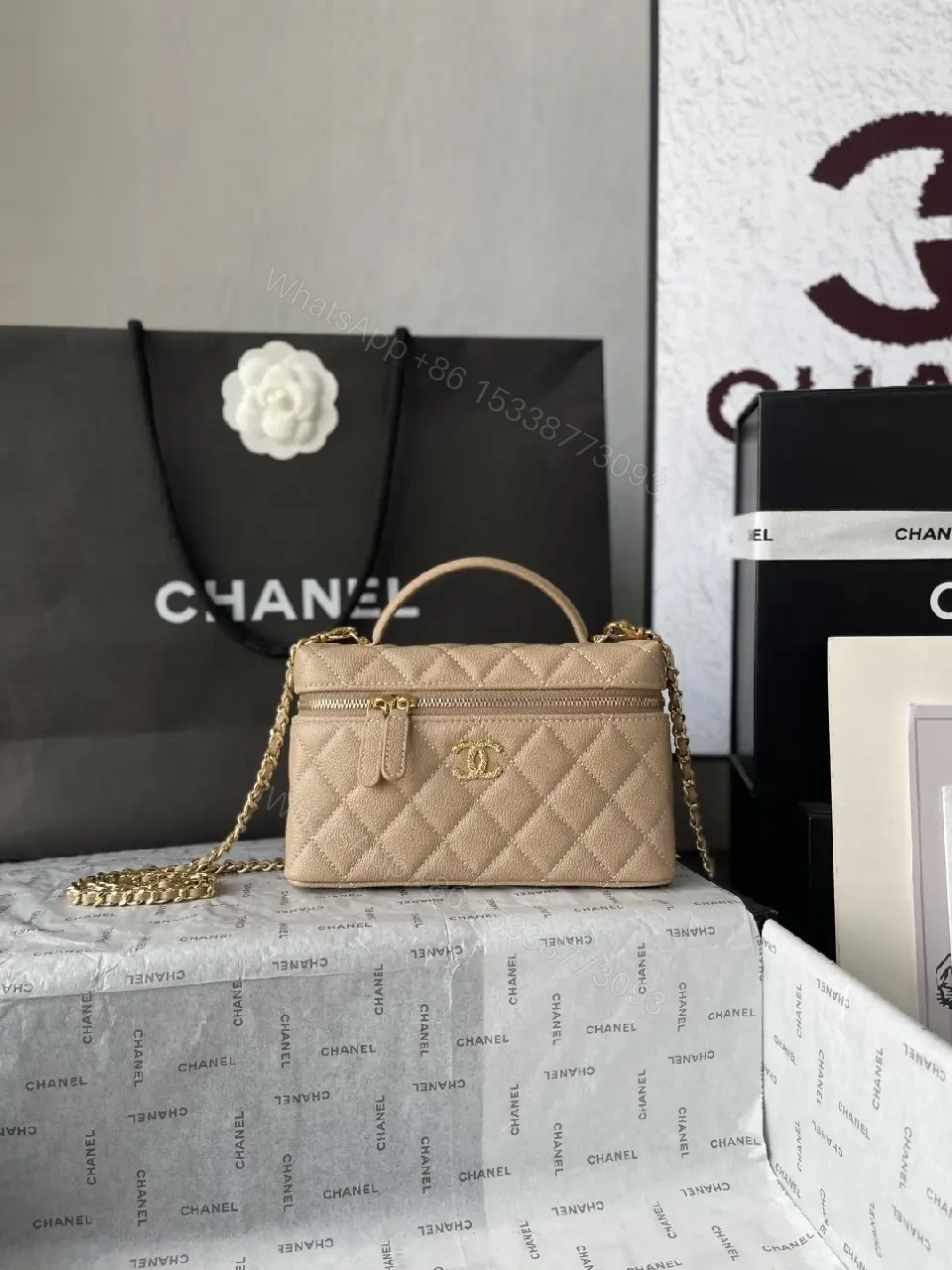 View 9 of Taupe Quilted Crossbody: Lambskin, Gold Chain, Classic Glamour