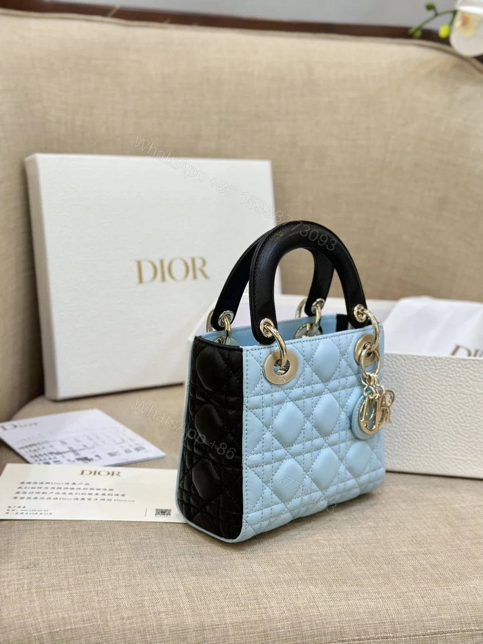 View 5 of Dior Lady Mini Handbag for Women Ice Blue Super Quality Cowhide 18cm