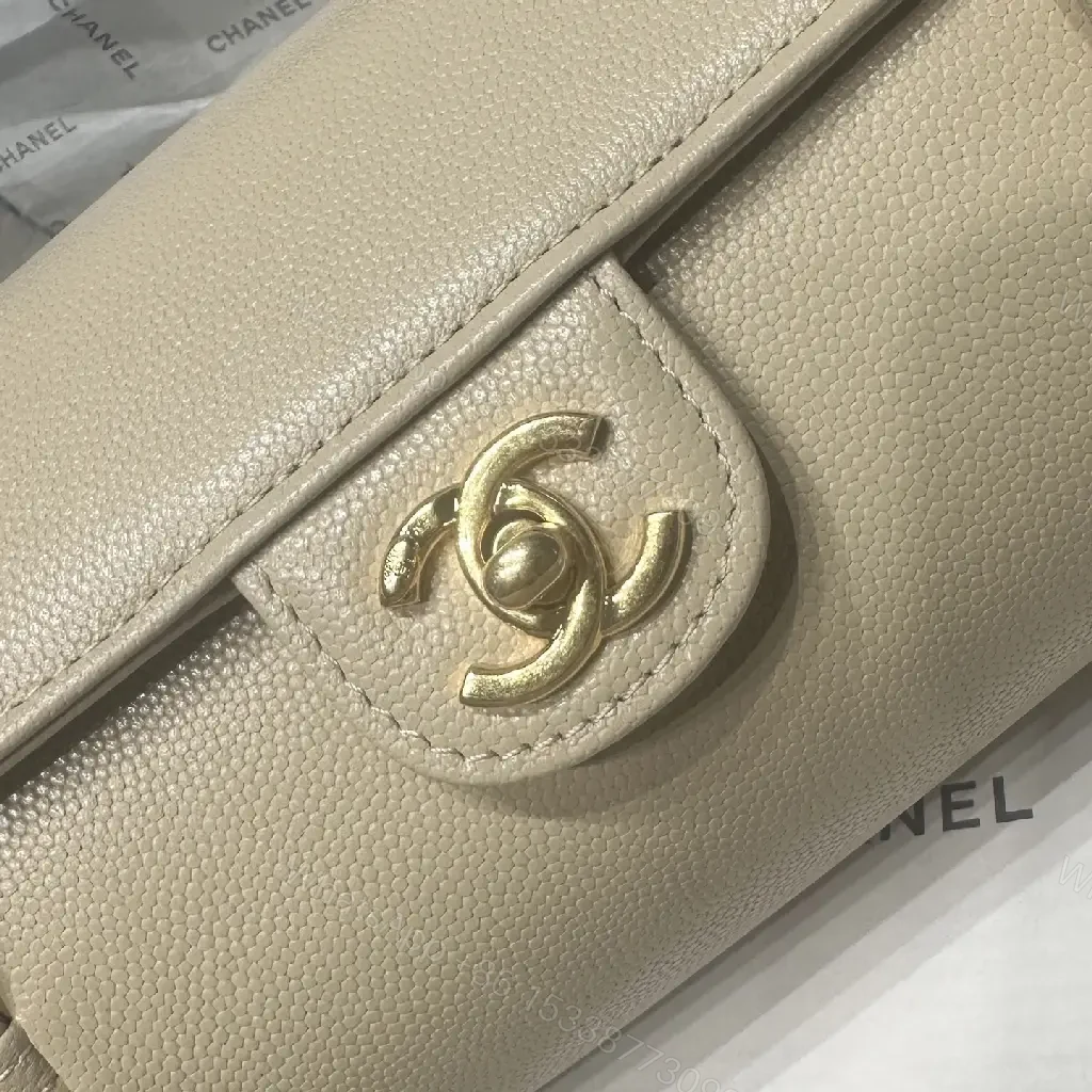 View 6 of Beige Leather Pebbled Small Top-Handle Bag with Gold Chanel Clasp