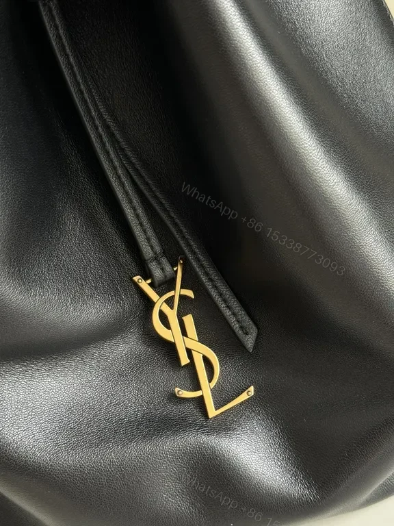 View 5 of Chic Leather Drawstring Bucket Bag with Gold Accent