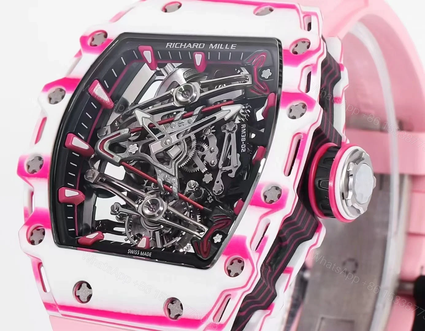View 4 of Richard Mille RM38-02 Tourbillon Bubba Watson Watch Pink Quartz Carbon Fiber Case Skeleton Dial Manual Winding Tourbillon 10000G Shock Resistant Golf Edition RM38-02-BW-PINK-QCF-GT