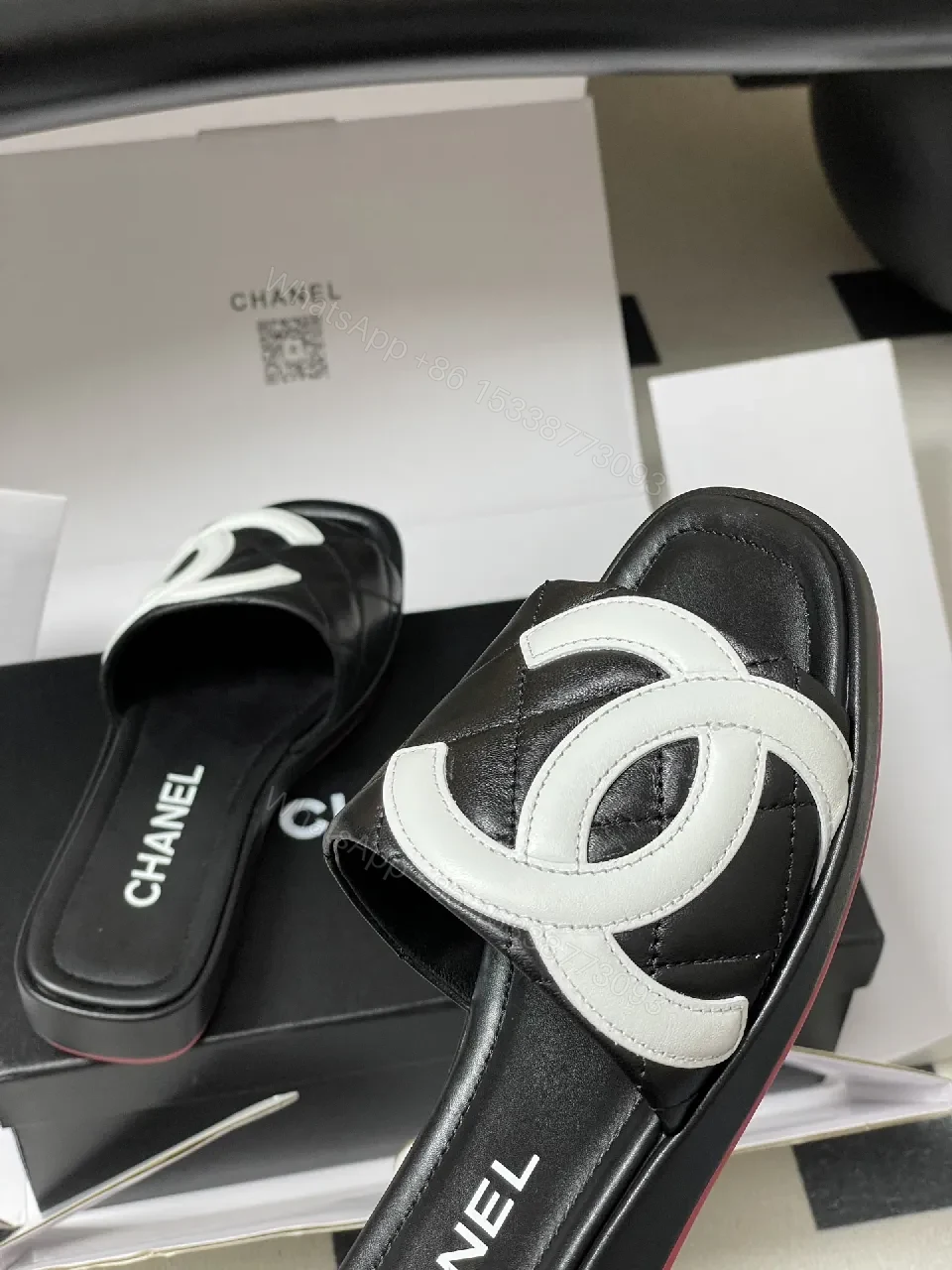 View 4 of Quilted Black Slides with Bold Logo Straps - Luxury Casual