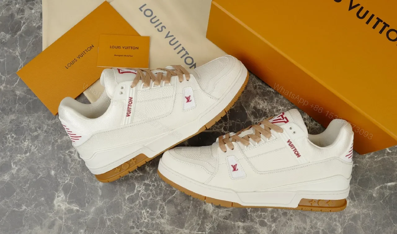View 5 of Premium White Trail Runner – Beige Accents, Leather-Synthetic, Low-Profile, Discreet LV Details, Men’s Sneakers