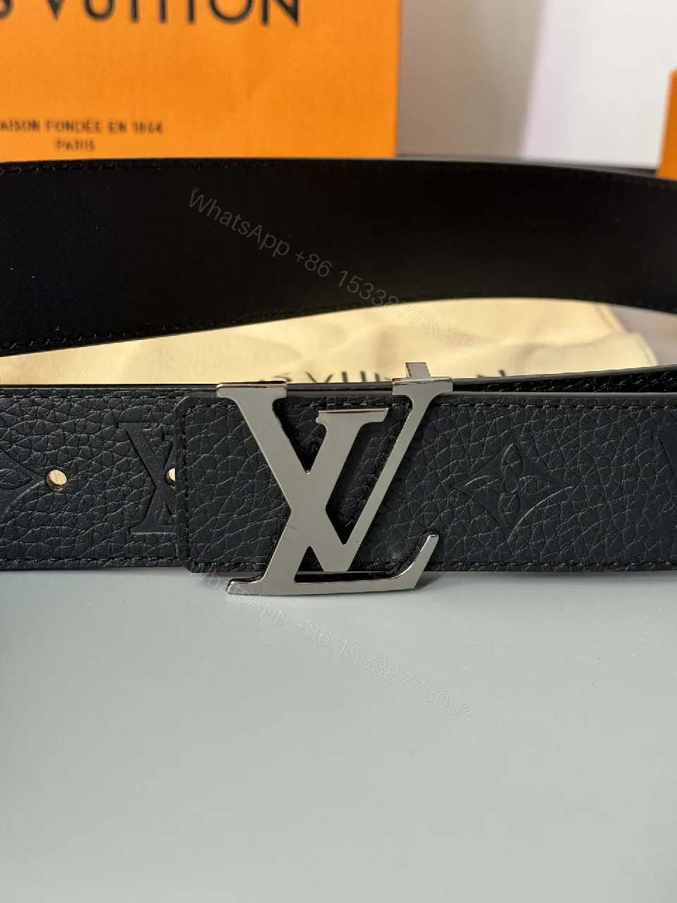 View 4 of Bold Leather Belt: Refined Style, LV Buckle, All-Day Confidence
