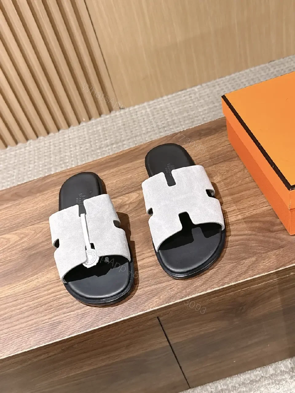 View 4 of Grey suede slide sandals with cutout strap for premium everyday luxury