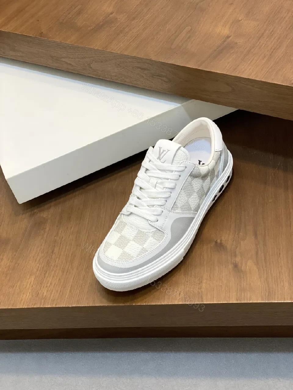 View 7 of White Checkerboard Leather High-Tops with Subtle LV-Style Accents