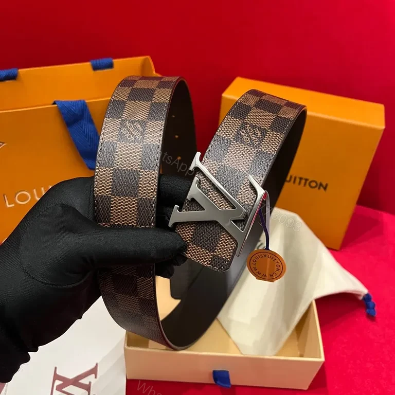 View 7 of Leather-Luxe LV Belt: Damier Pattern, Logo Buckle, All-Day Comfort