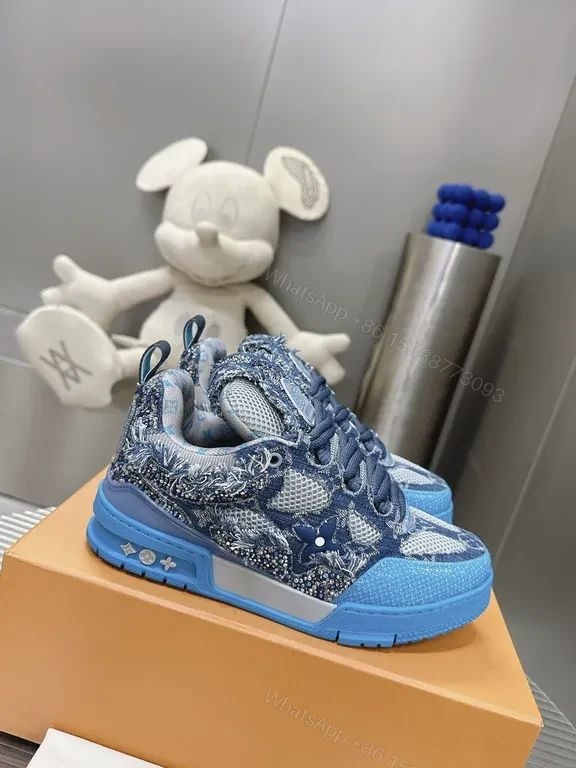 View 4 of Blue Denim-Textured LV-Style High-Tops: Luxe Streetwear Sneakers