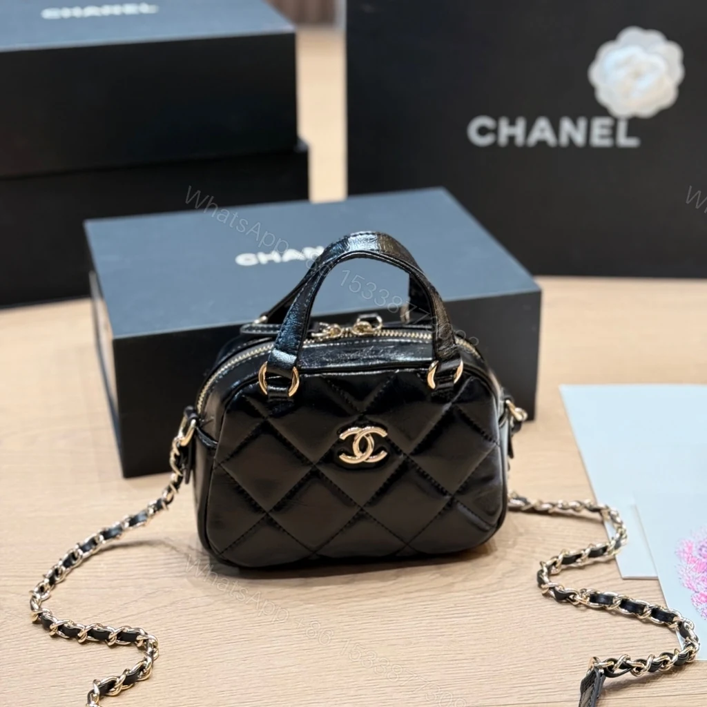 View 3 of Chanel Mini Bowling Bag Shiny And Gold Tone Black 18cm