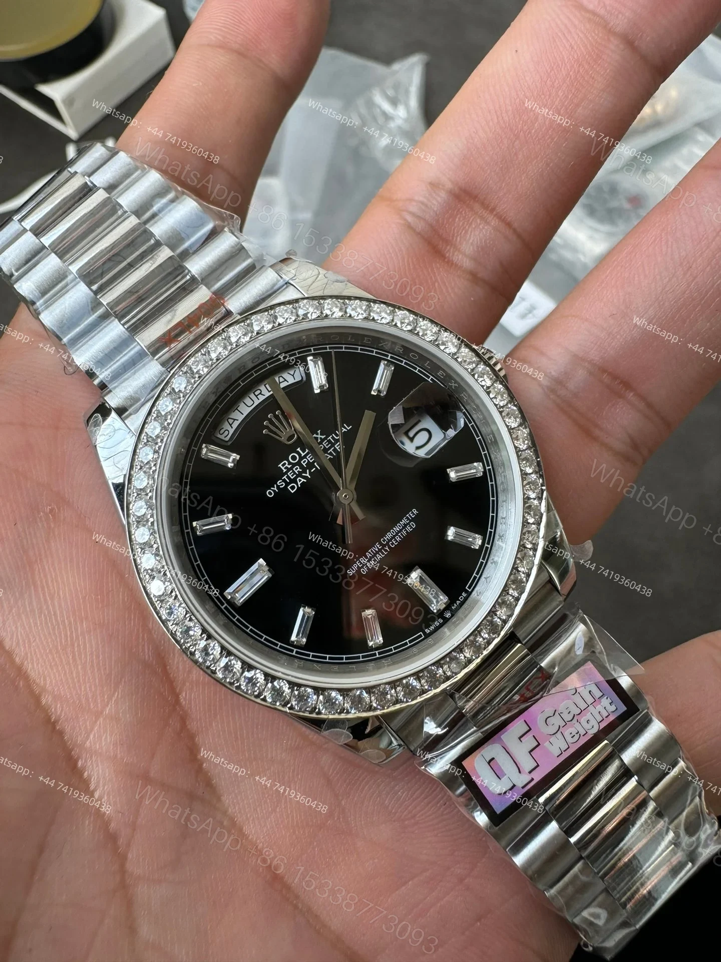 View 6 of Rolex Day-Date M228349RBR-0003 1:1 Replica Moissanite Bezel Black Dial 40MM 3255 Movement Presidential Bracelet Super Clone Watch