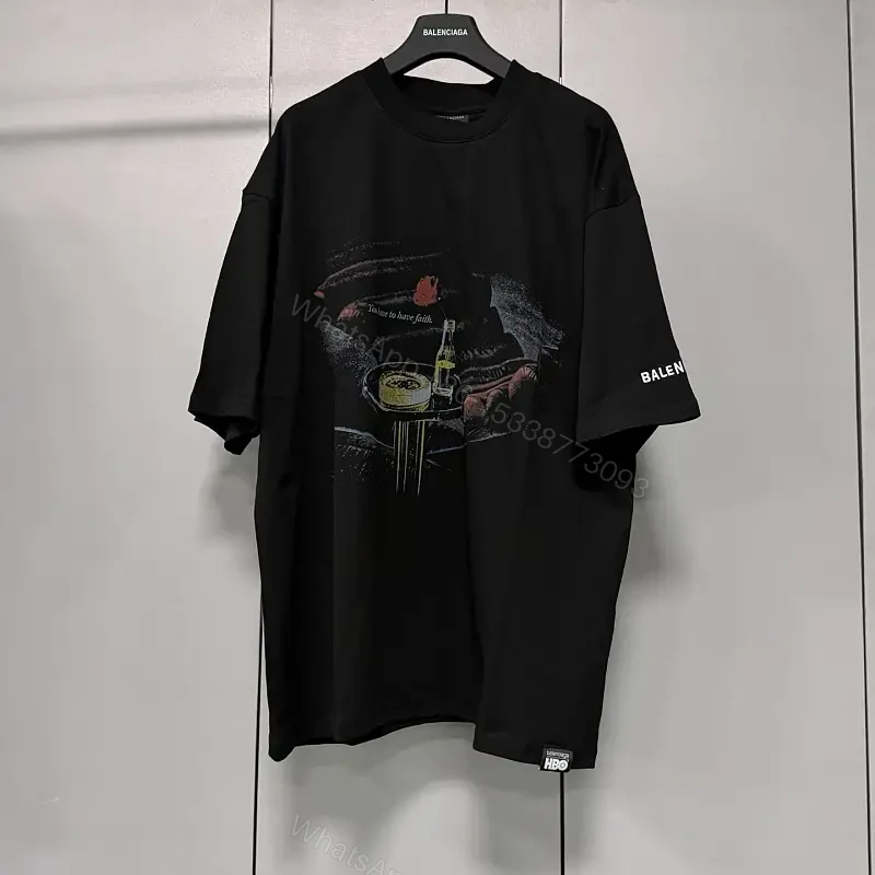 black cotton oversized tee with graphic print, designer-inspired luxury casual — view 1