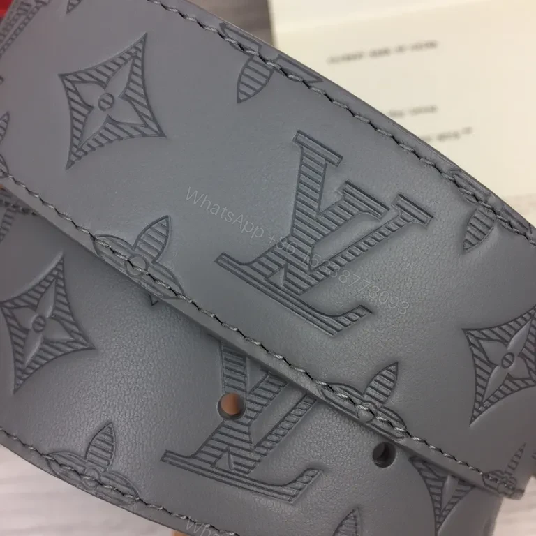 View 9 of Monogram Gray Leather Belt â€” Gold Buckle, All-Occasion Style