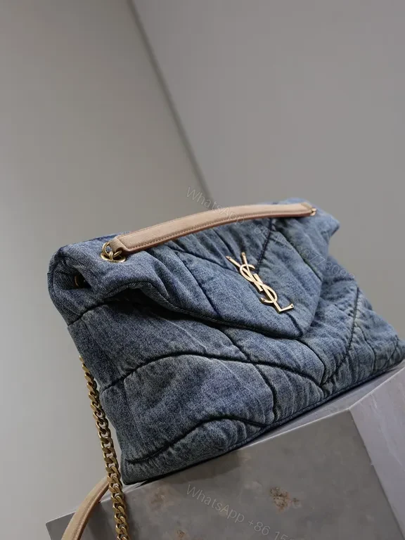 View 8 of Chic Denim Quilted Tote with Gold YSL Accent