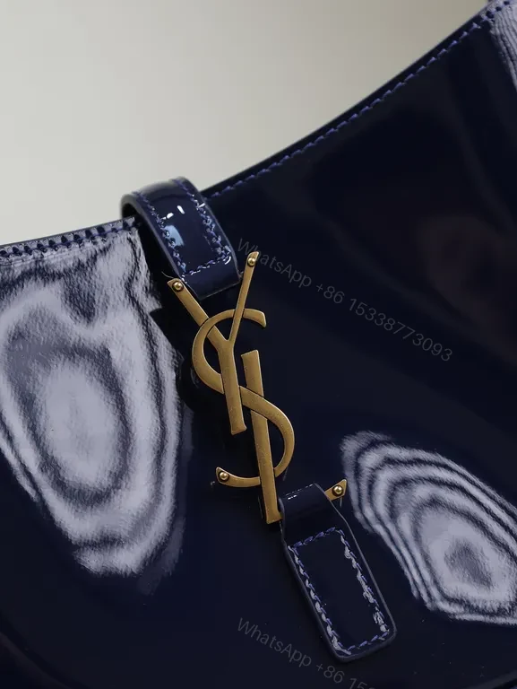 View 7 of Navy Satin-Gloss Crossbody with Gold YSL Hardware
