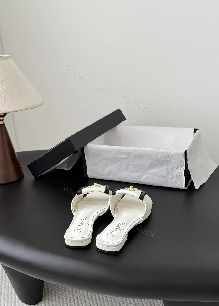 View 9 of White Leather Mules - Gold Logo Hardware, Open-Back Square Toe