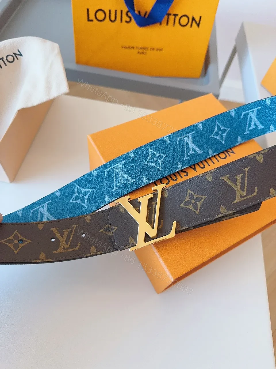 View 2 of Compact Luxury Belt: Monogram Canvas, Gold Buckle, Modern Style
