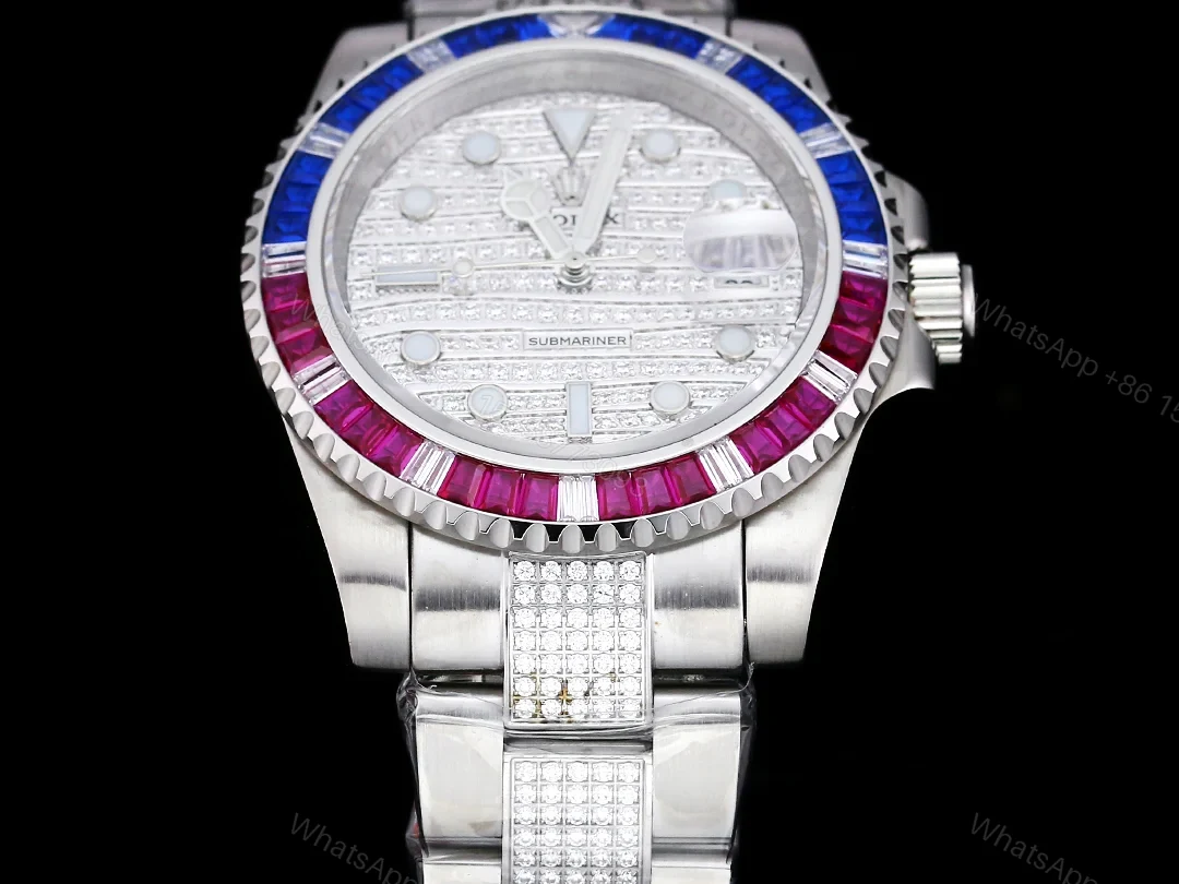 View 2 of Rolex Submariner Rainbow Diamond Replica 42MM Premium Meteorite Dial Pavé Oyster Bracelet RG-ROLEX-SUB-RAINBOW-DIAMOND-42
