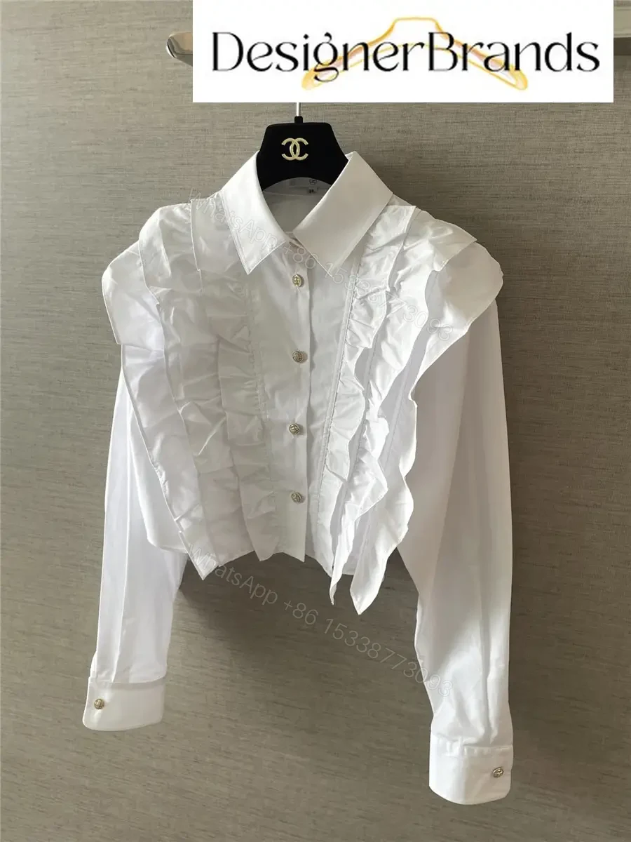 View 4 of Chanel White Cotton Lace Ruffled Cropped Shirt