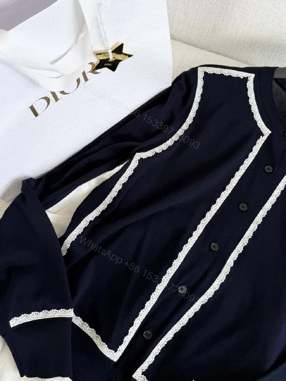 View 4 of Navy Cardigan with White Lace Trim, Classic, Button-Front, Dior Accent