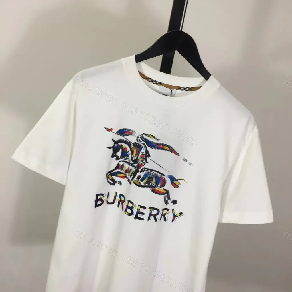 View 2 of White Cotton Tee, Modern Fit, Burberry-Inspired Horse Logo, Graphic Streetwear Tee