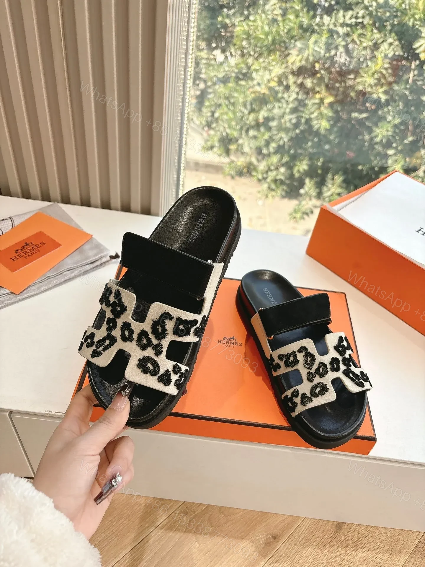 View 3 of Hermes Women Black Suede And Leopard Print Sandals