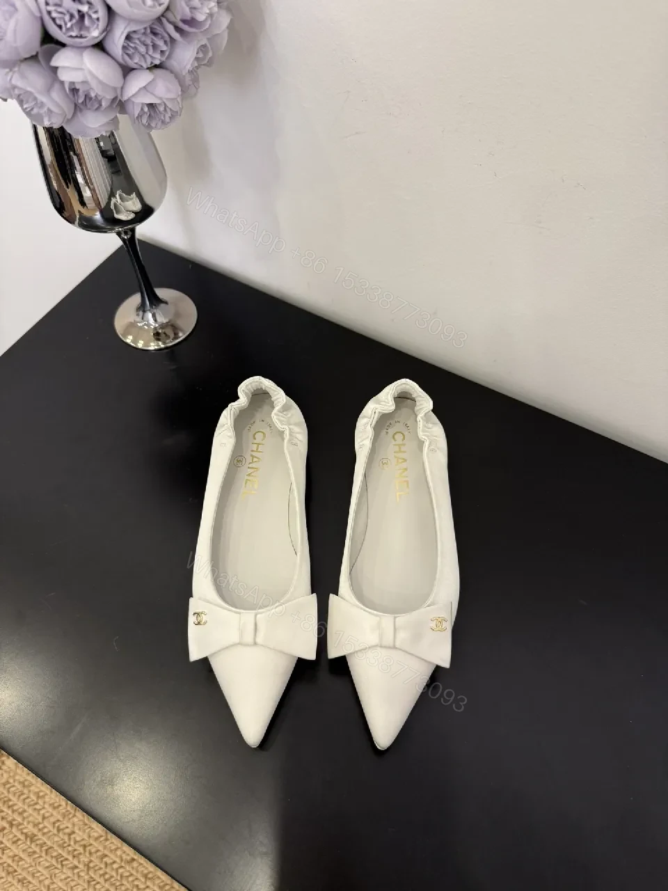 View 8 of White Textured Pointed-Toe Pumps with Bow, Luxury Flat