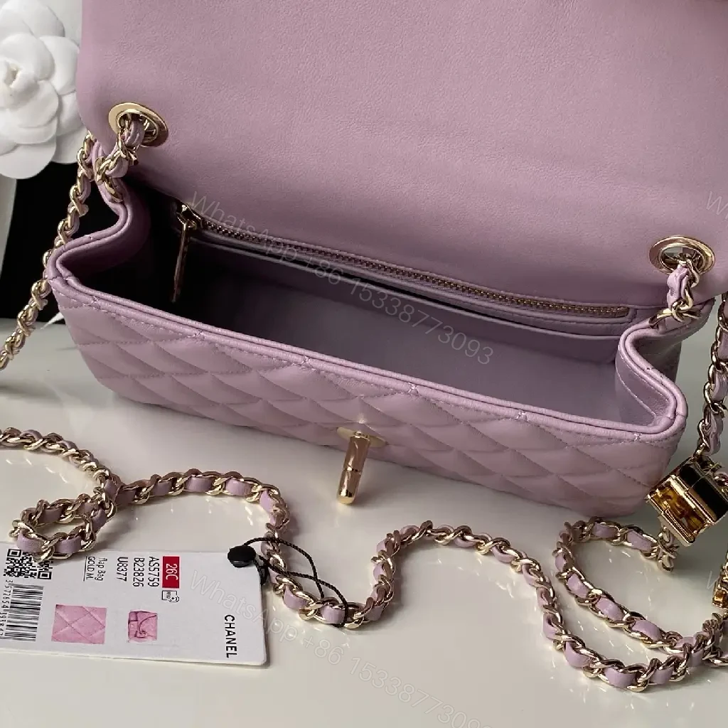 View 2 of Lilac Quilted Leather Bag, Gold Hardware, Structured Chic, Turn-Lock Tote