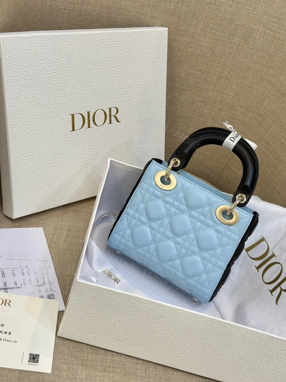 View 6 of Dior Lady Mini Handbag for Women Ice Blue Super Quality Cowhide 18cm