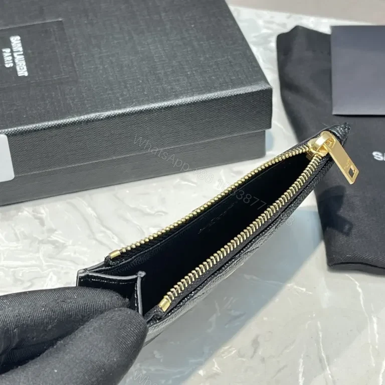 View 8 of Quilted Black Calfskin Wallet - Gold YSL Logo, Slim Profile