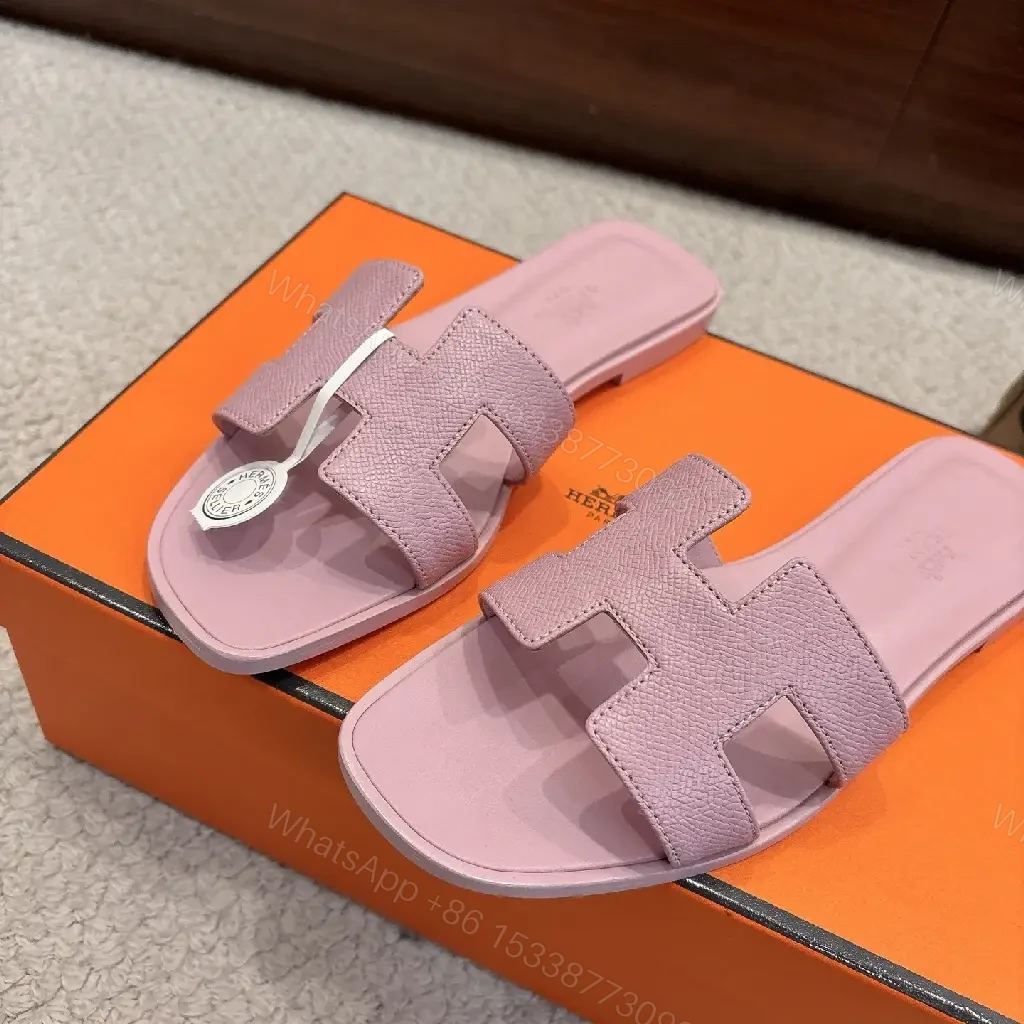 View 5 of Pastel Lavender Leather Sandals: Luxury Comfort Slide with H Motif