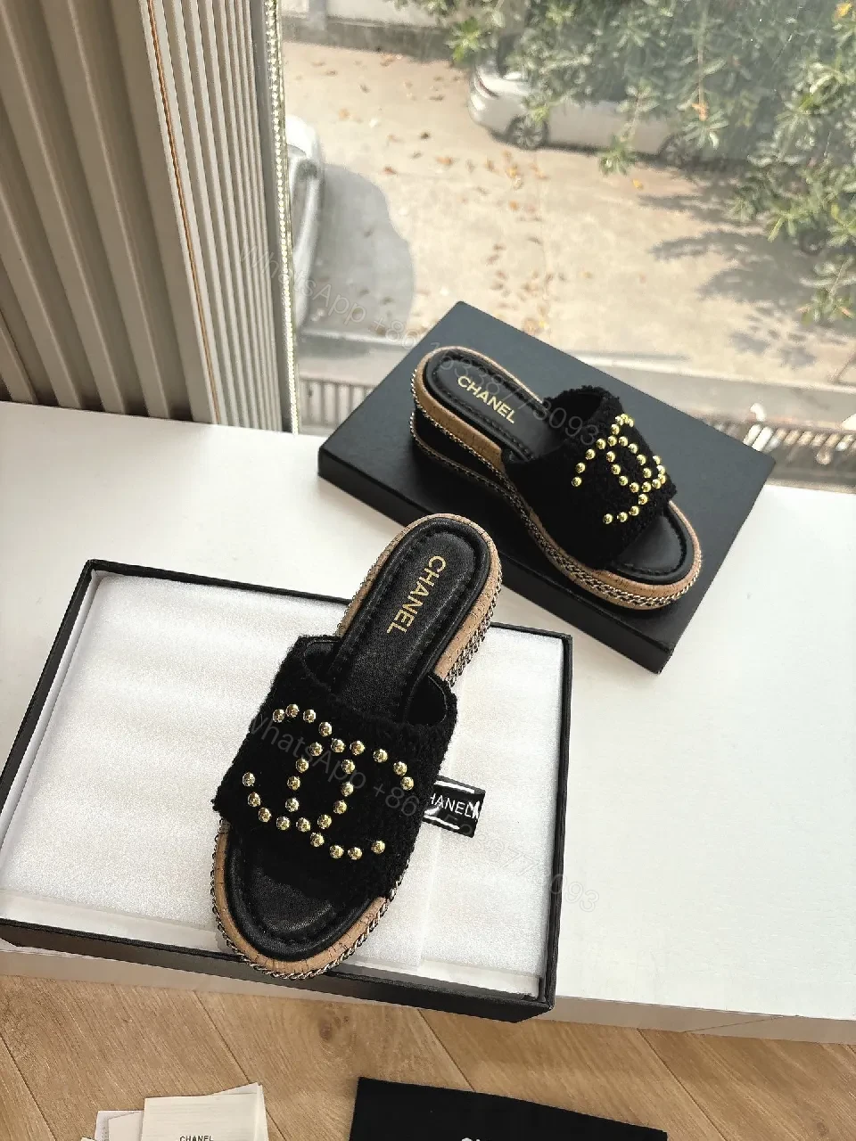 View 7 of Textured Black Sandals with Gold Bead Embellishment