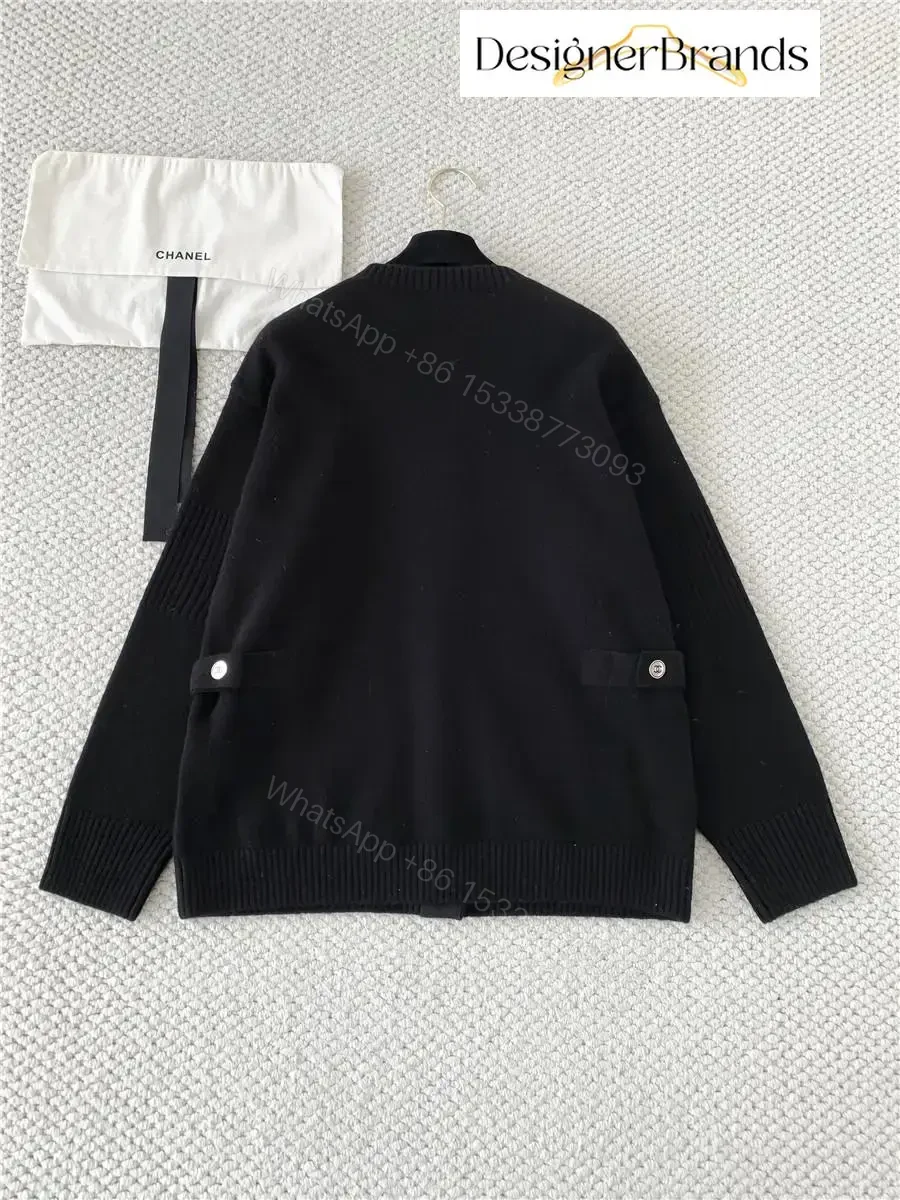 View 9 of Lux Black Knit Cardigan with Iconic Hardware Details