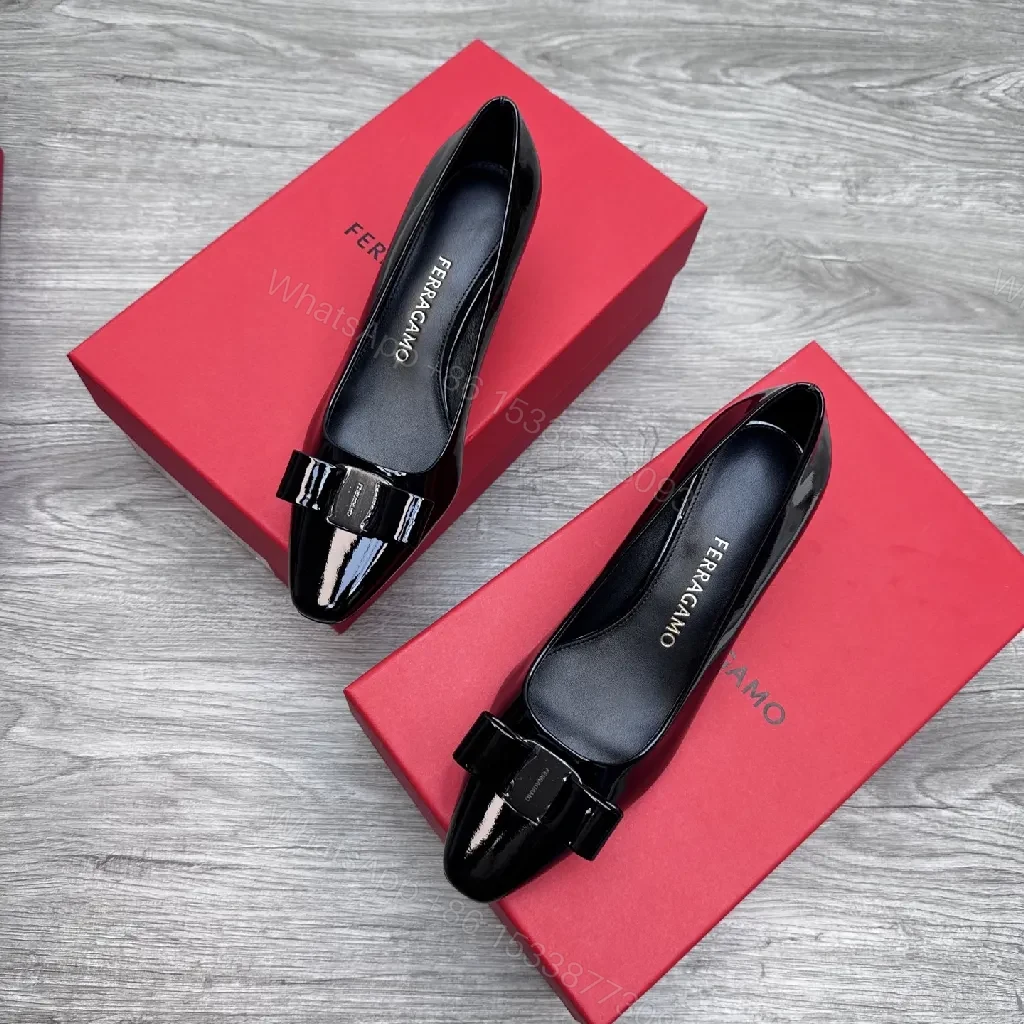 View 7 of Glossy Patent Pumps with Bow Detail, Black, 2.5" Heel