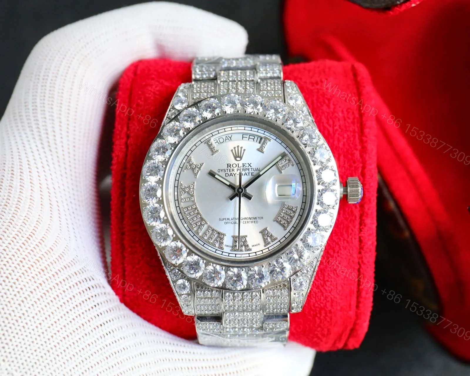 Rolex Day-Date Red Diamond Replica 42MM Premium Iced Full Steel Bracelet Edition RG-ROLEX-DD-RED-DIA-ICED-STL-42 — view 1
