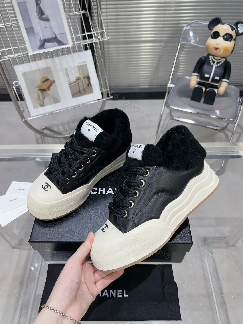 View 4 of Cream Knit-Chanel Inspired High-Tops with Plush Collar