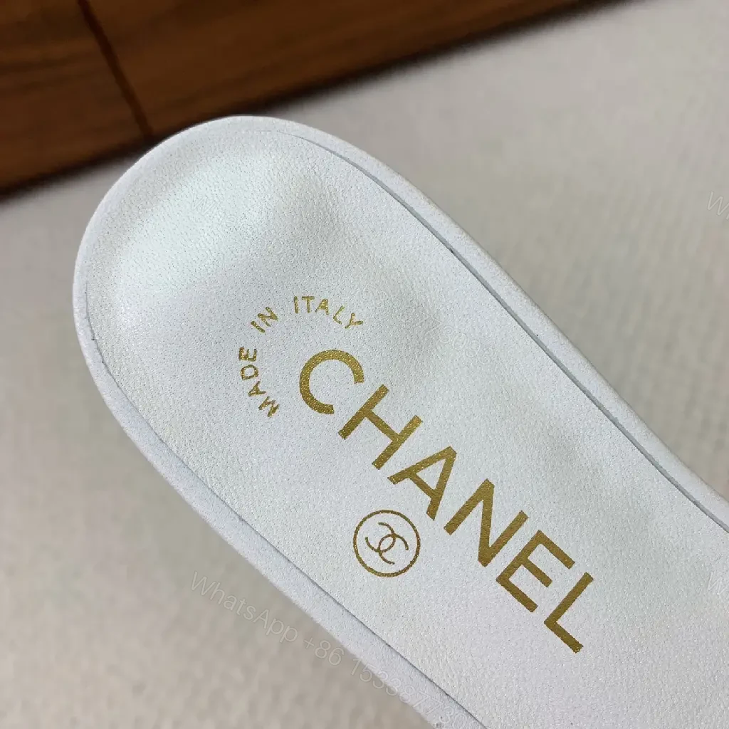 View 7 of White Crystal Glitter Sandals Satin Bow Chanel Style Sparkle Embellishments Slide Sandals