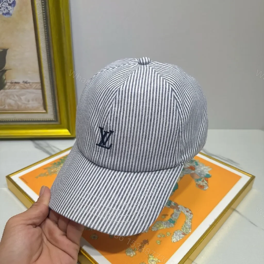 View 6 of Striped Linen-Look Cap with Subtle Monogram Motif