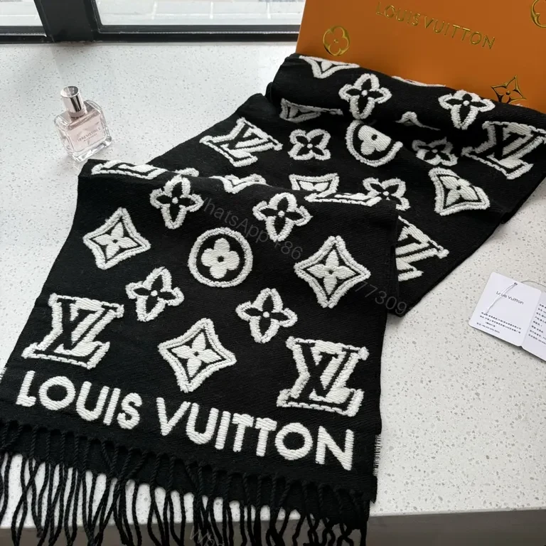 View 3 of Lux Black Knit Scarf: LV-Inspired Monogram, White Stitch, Fringed