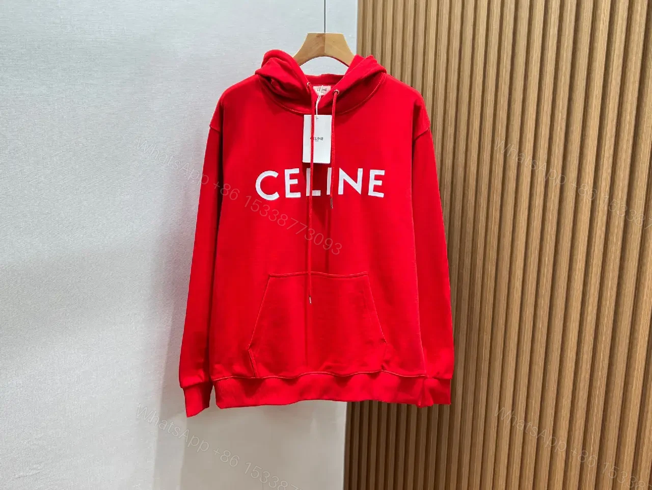 Bold Red Hoodie with Celine-Inspired Typography — view 1