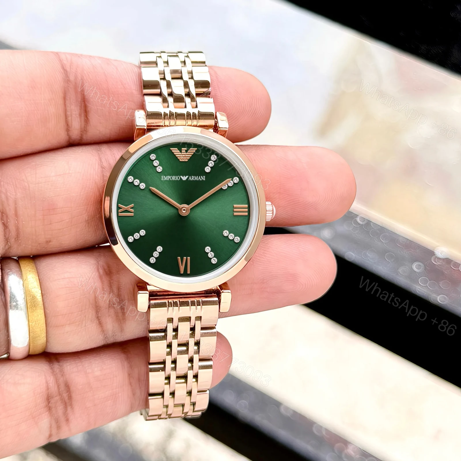 View 2 of Emporio Armani Slim Rose Gold Green Diamond Dial