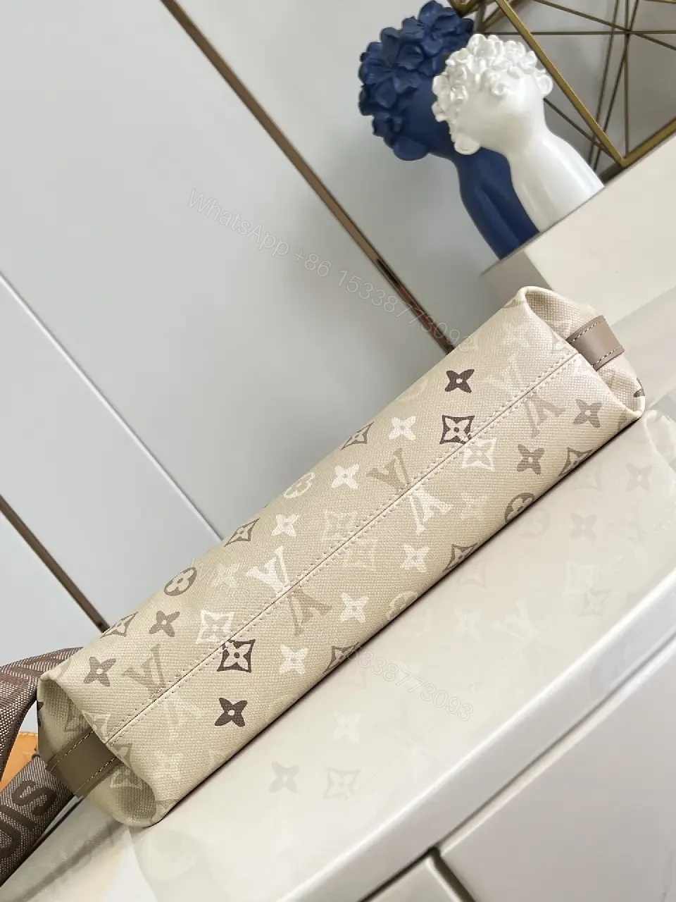 View 6 of Beige LV Monogram Coated Canvas Crossbody Bag with Gold Zipper