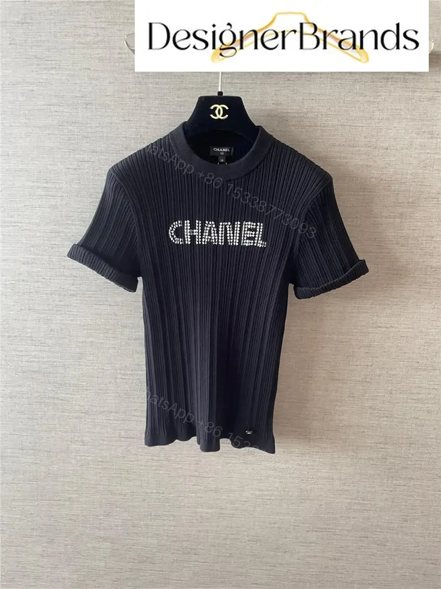 Knit Tee: Rhinestone Logo, Modern Texture, Luxe Presence — view 1