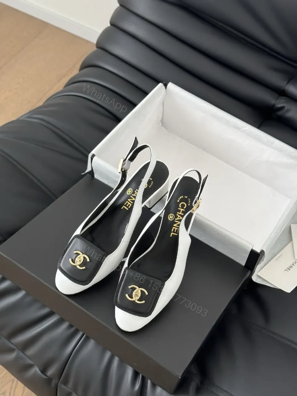 View 6 of Black & White Leather Slingback Pumps, Gold Accent, Square-Toe, Comfort Mid-Heel