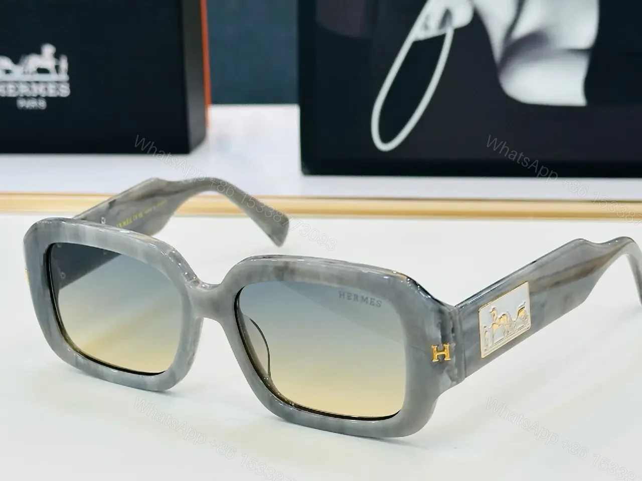 View 6 of Black Acetate Oversized Sunglasses – Square Lenses, Gold Emblem & Plaque Style